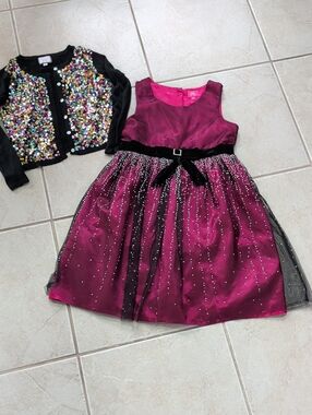 Pinky Fuchsia Party Holiday Dress with Black Sequin Cardigan Girls Size 12